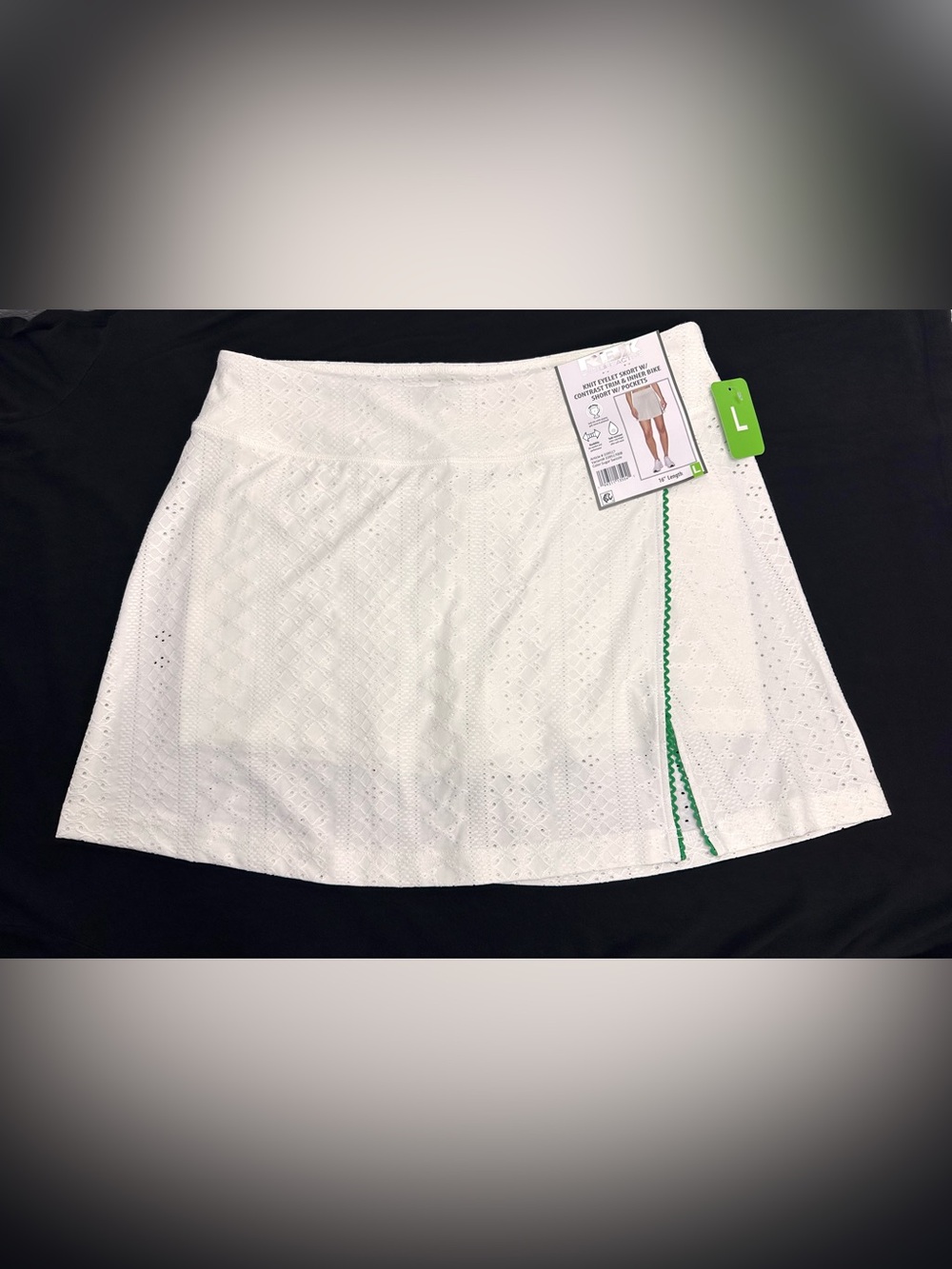 RBX White Knit Eyelet Skort, Split Side with Green Trim Large NWT